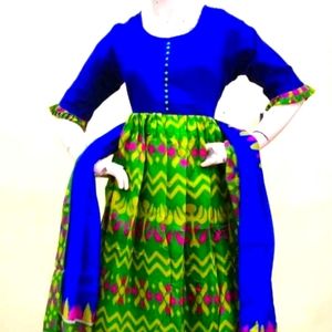 💙💚 2 Pc Blue-Green Ikkat Anarkali Dress with Dupatta ✨ Elegant & Traditional